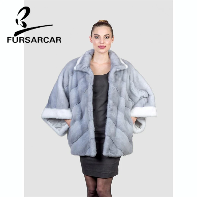 FURSARCAR Bat Sleeved Real Fur Coat Women Winter New Style Thick Mink Fur Coat With Fur Collar Female Luxury Mink Fur Jacket