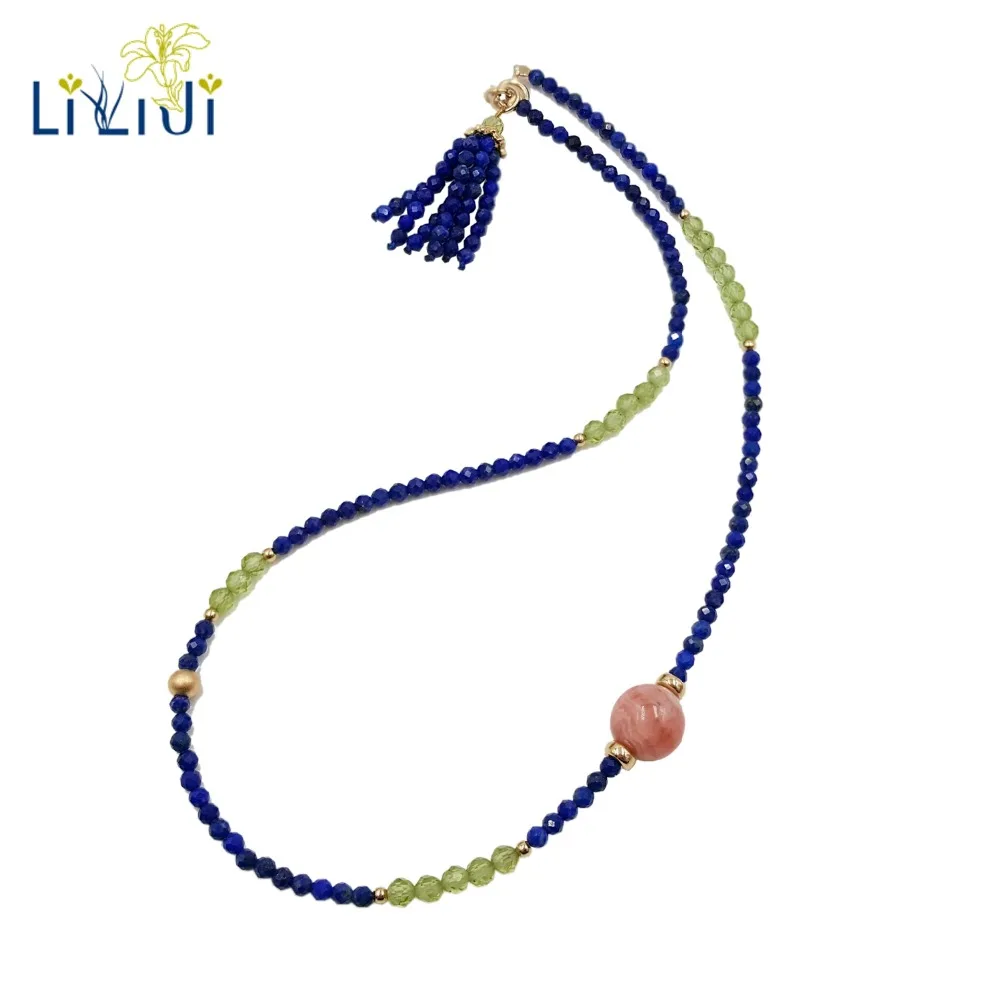 

Lii Ji Natural Gemstone Lapis Lazuli,Peridot,Rhodochros 2 Rows 925 Sterling Silver 18K Gold Plated Delicate Tassel Bracelet