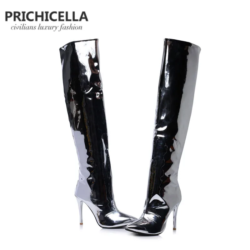 Стильные Серебристые высокие сапоги PRICHICELLA из зеркальной кожи с острым носком на