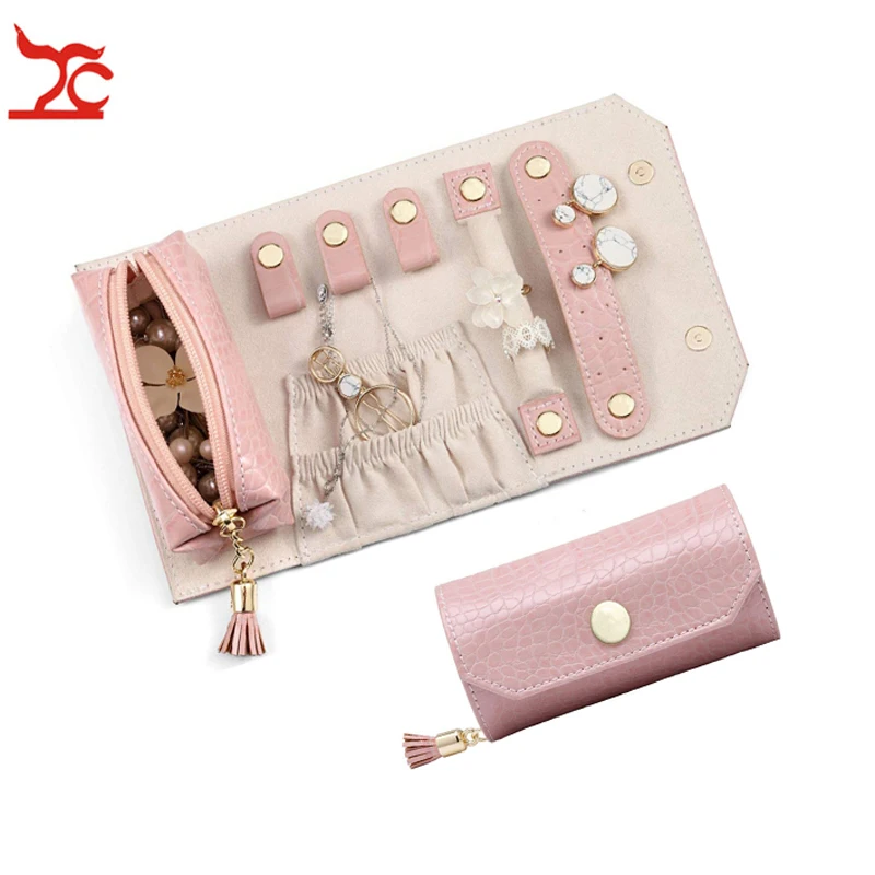 

Pink Leather Jewelry Storage Pouch Portable Necklace Ring Earring Bracelet Jewelry Organizer Case Cosmetic Travel Boite Bijoux