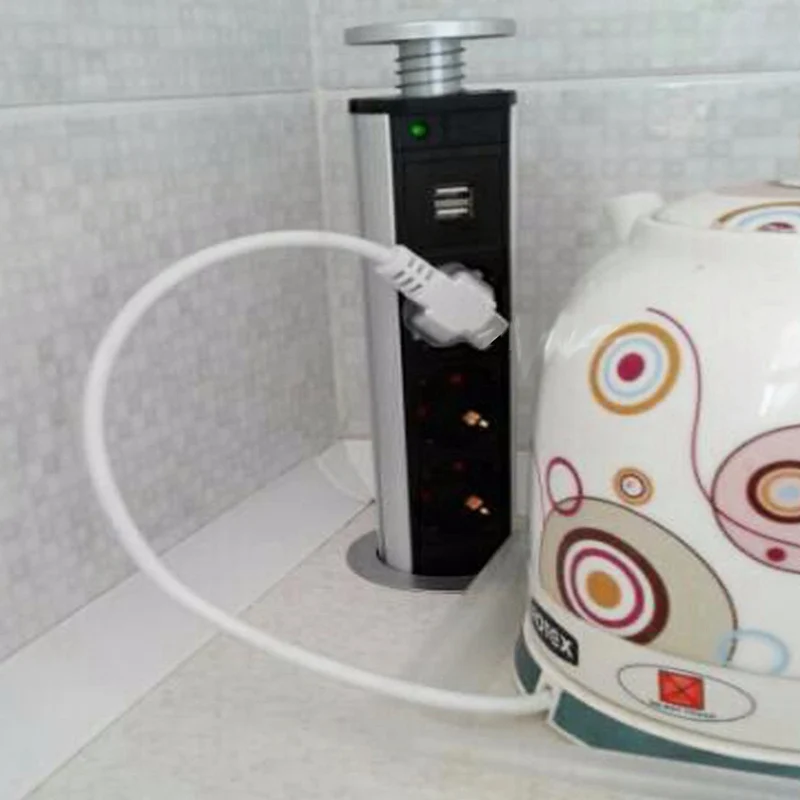 LEORY 1.8m EU Plug Electrical Socket Aluminum Shelf Kitchen Table Up Outlet 3 Plugs Mains Sockets And 2 USB | Электроника