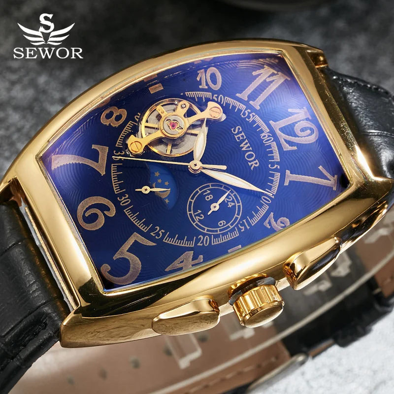 Механические часы SEWOR Toubillon мужские золотого цвета с ремешком из натуральной кожи