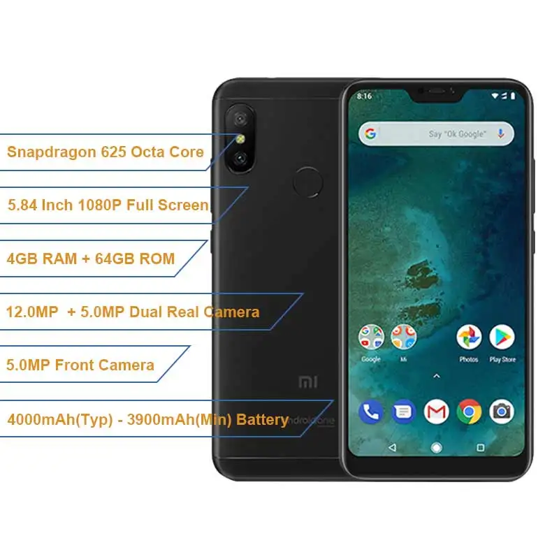 Глобальная версия Xiaomi Mi A2 Lite 4 ГБ ОЗУ 64 Гб ПЗУ Snapdragon 625 5 84 &quot19:9 полный экран Двойная