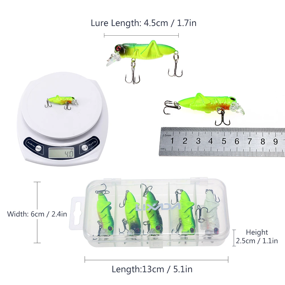 Lixada 5Pcs 4g / 4.5cm Artificial Fishing Lures Luminous Grasshopper Insect Shape Hard Baits Set Tackle Box Pesca | Спорт и