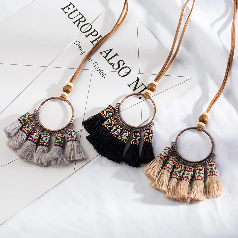 5 цветов Винтаж Boho чешские Этническая кисточкой кулон Цепочки и ожерелья для Для женщин длинные веревку цепи колье Костюмы аксессуары и украшения