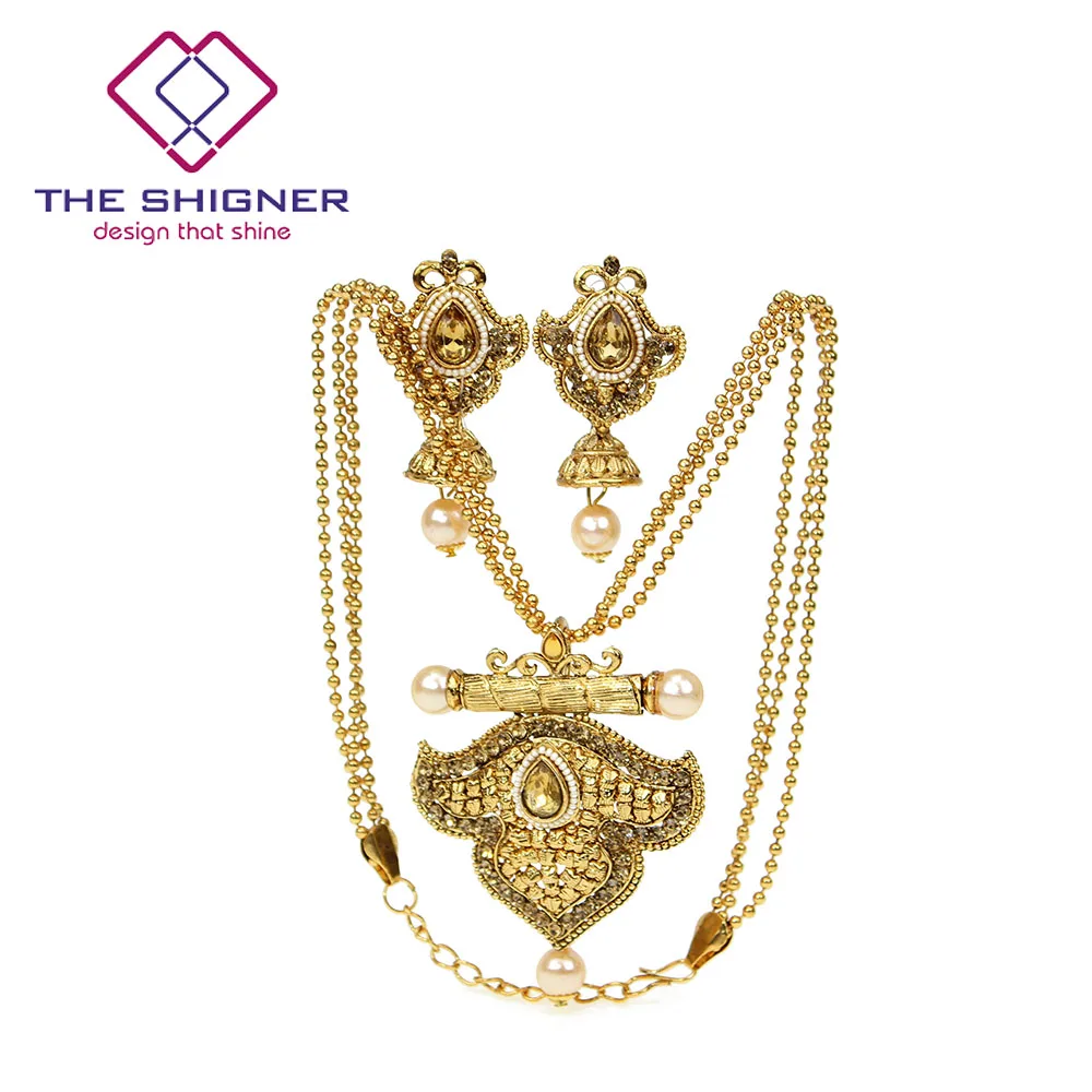 SHIGNER индийский bahuali Mughal Kundan chandali камень жемчуг золотой тон драгоценное свадебное ожерелье серьги набор медальонов