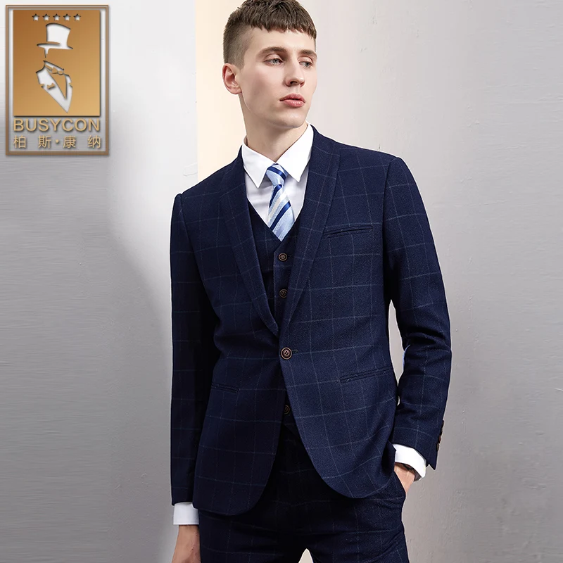 Плед королевский синий мужской костюм свадебный жениха вечерние TERNO Slim Fit 3 предмета костюм Homme Mariage