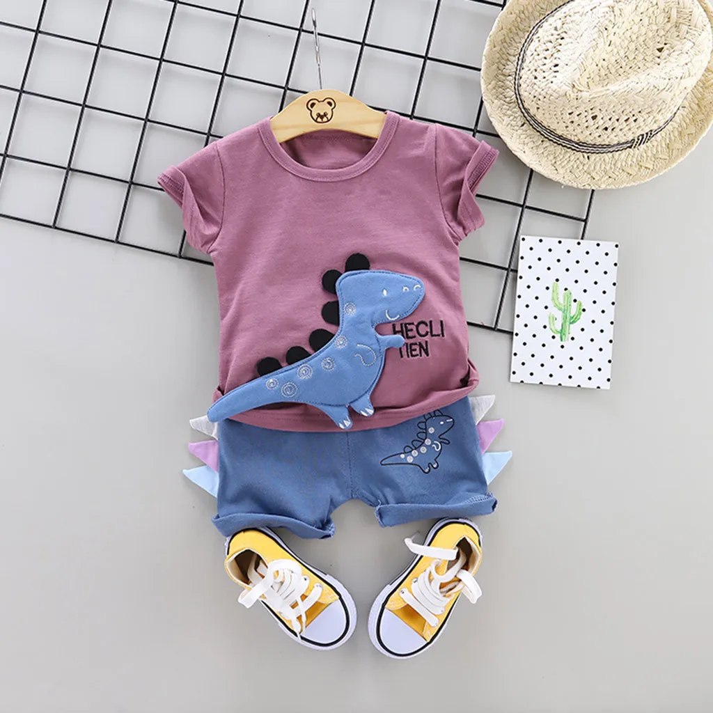 Toddler Baby Boys Clothes Sets Summer Cartoon Letter Dinosaur Print T Shirt Tops+Shorts Newborn Girl Kids Outfits Suit | Детская одежда