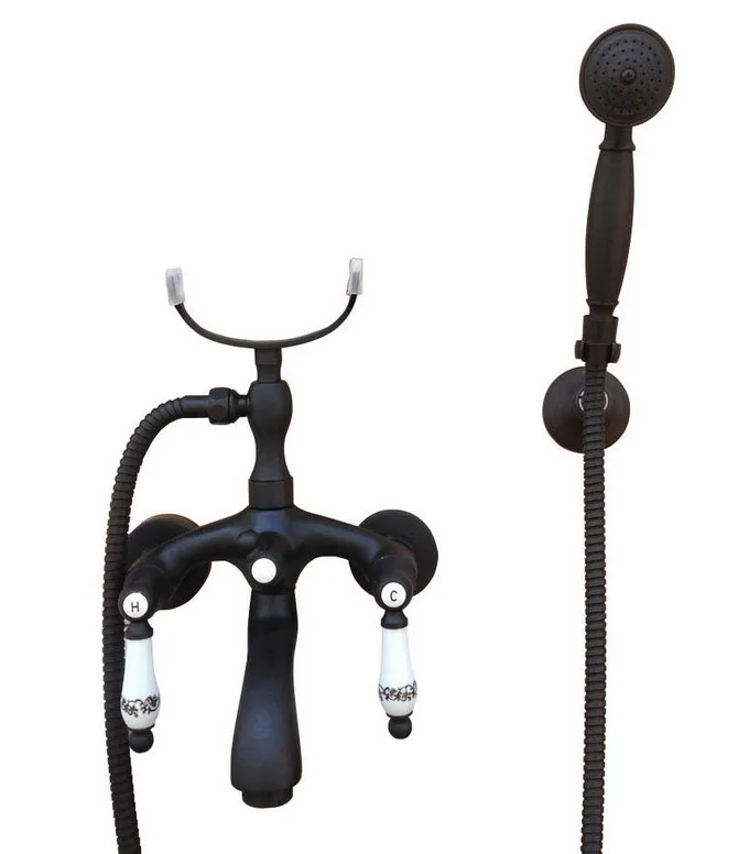 

Латунный смеситель с двойными керамическими ручками, настенный кран с креплением на когти, для ванной комнаты, душевой лейки, черного цвета, mtf571
