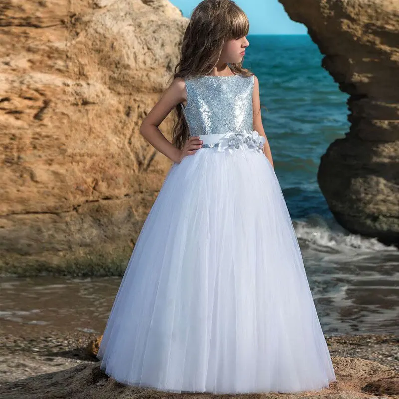 Fashion V Back Sparkling Silver Sequined Flower Girl Dress Sleeveless Fluffy Tulle Girls Pageant Ball Gowns Holy Communion | Детская
