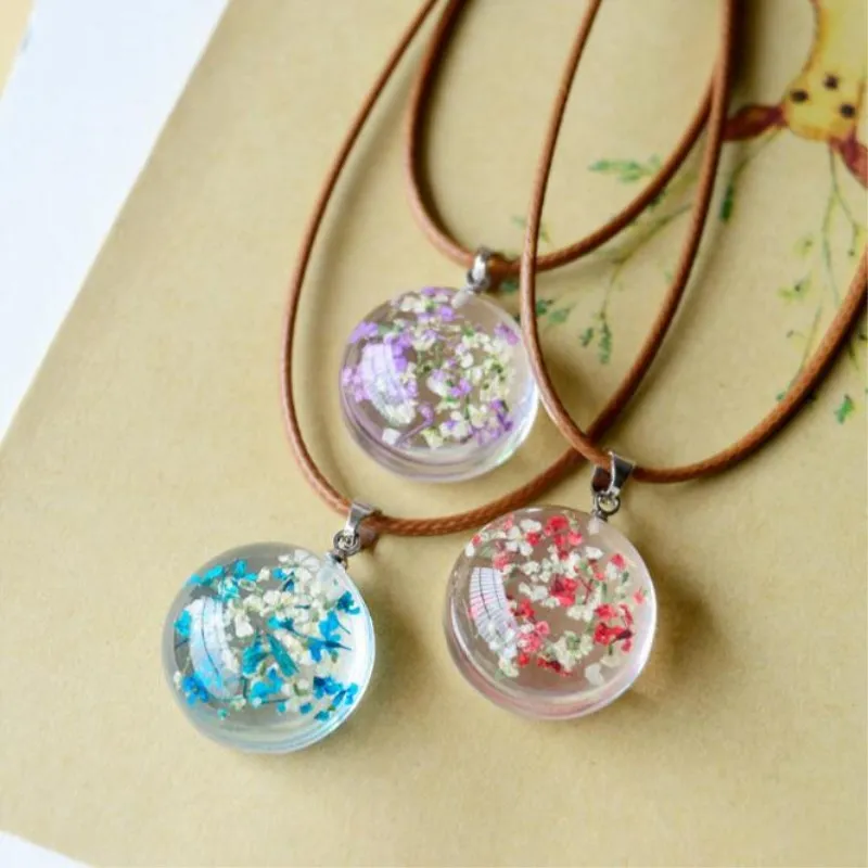 New Fashion Literary Little Fresh Floral Color Dried Flowers Handmade Jewelry Hemisphere 3 Colors Pendant Necklaces D158 | Украшения и