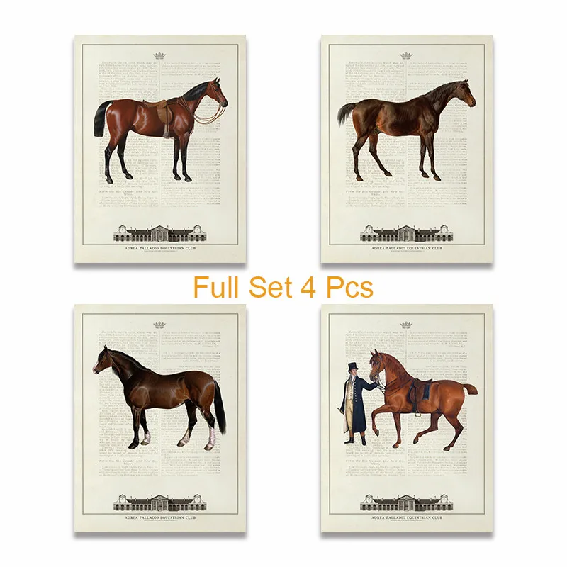 Full Set 4 Pcs Винтажный Европейский Конный клуб Конный конь изобразительная лошадь плакаты и принты на холсте художественная Настенная картина для гостиной домашний декор - Цвет: Full Set 4 Pcs