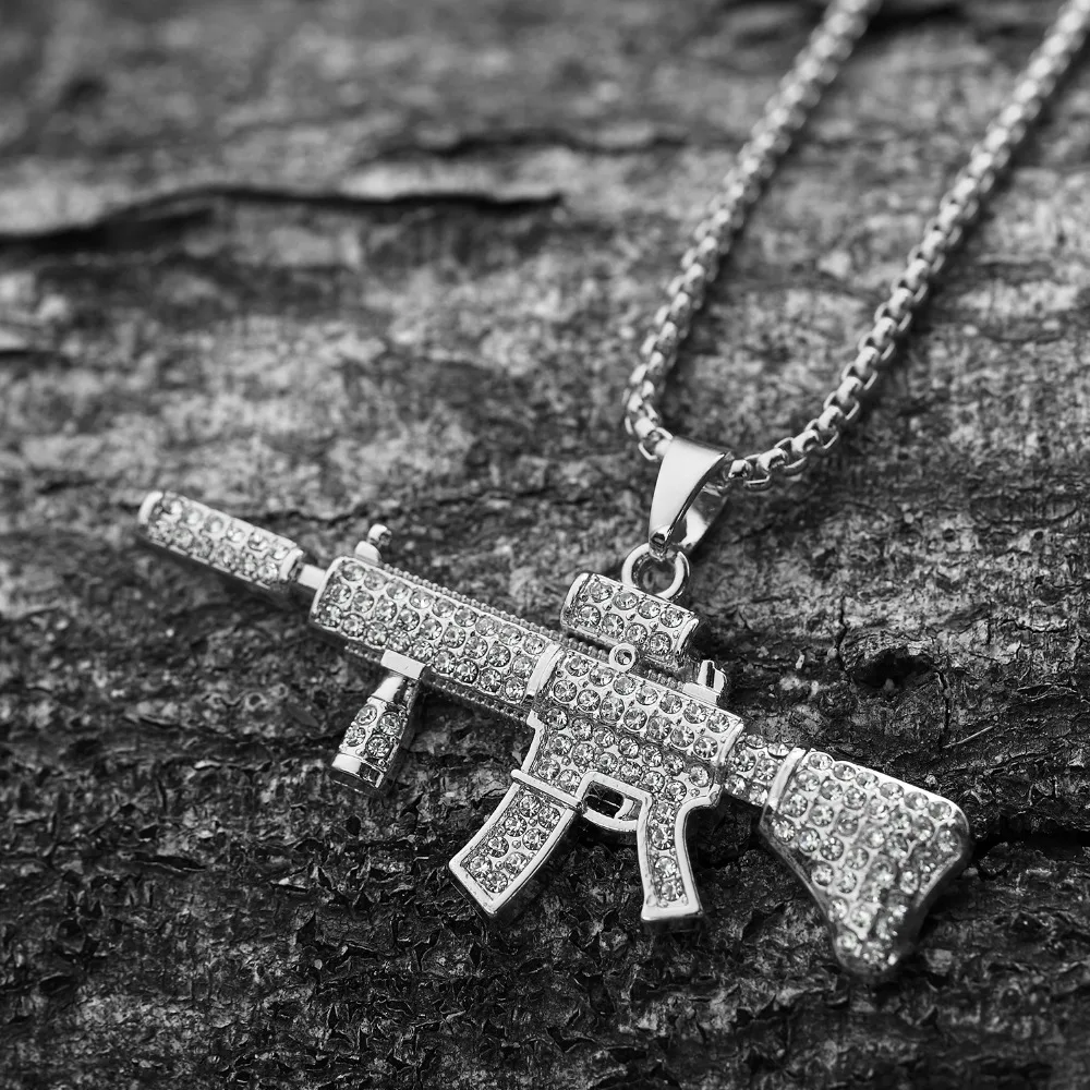 Хип-хоп ювелирные изделия золото с украшениями в виде кристаллов M4 кулоны с оружием Для женщин Для мужчин Полный Стразы цепи ночной бар-клуб рэперские цепочки