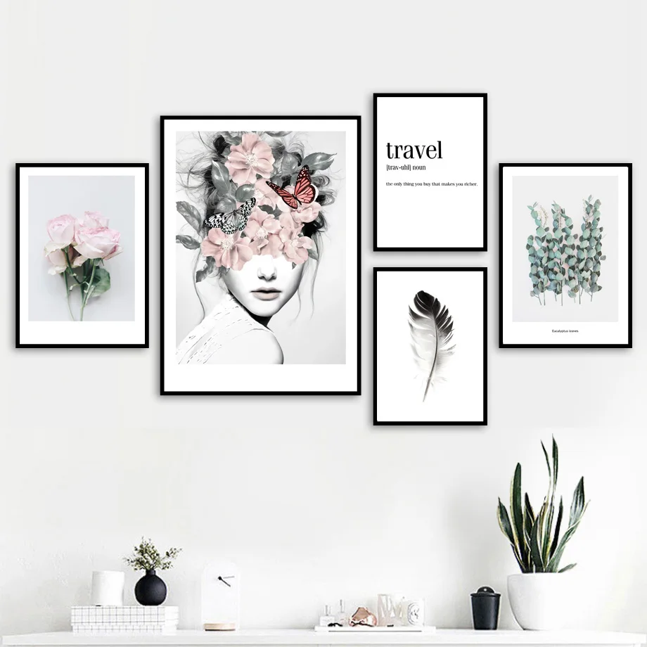 

Flower Leaf Feather Girl Peony Wall Art Canvas Painting Quotes Nordic Posters And Prints Wall Pictures For Living Room Decor