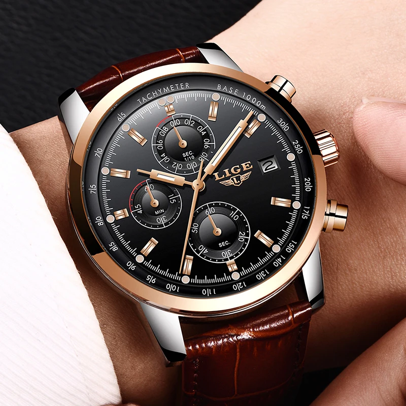 

Top Luxury Brand LIGE Fashion Men Sport Watch Mens Quartz Business Watches Leather Military Waterproof Clock Relogio Masculino