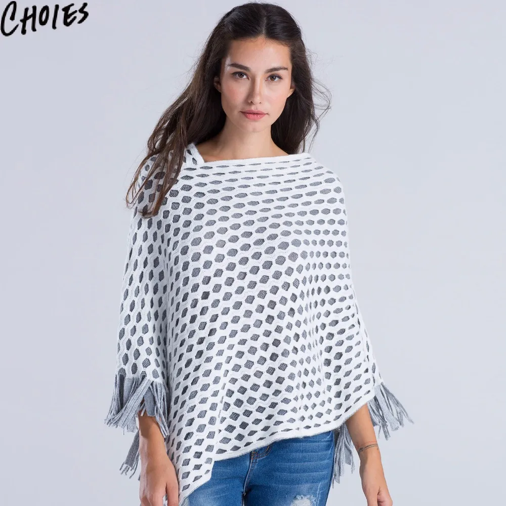 CHOIES женское Вязаное пончо с кисточками белое вырезами вязанное крючком