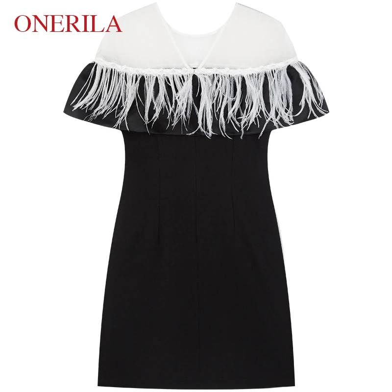 ONERILA 2018 Summer Stylish Elegant O Neck White Feathers Little Black Dresses Slim Sexy Women Mini Night Party Dress Vestidos | Женская