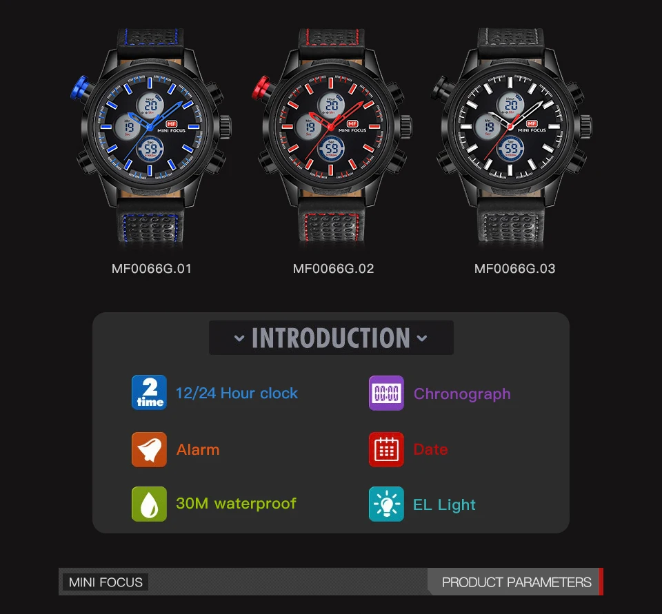 MINIFOCUS военные спортивные Dual Time Часы Для мужчин сигнализации Calendar Chronograph кожаный