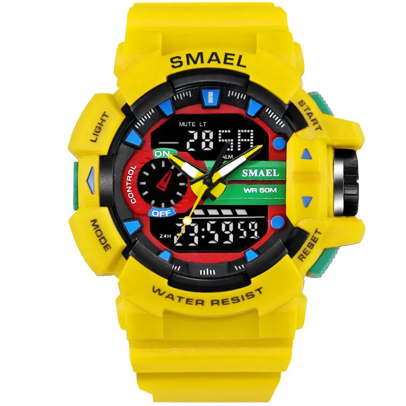 Yellow SMAEL, желтые спортивные часы, двойной светодиодный, цифровые часы, кварцевые Analog-Digital1436, мужские наручные часы, военные мужские часы, цифровые часы - Цвет: Yellow