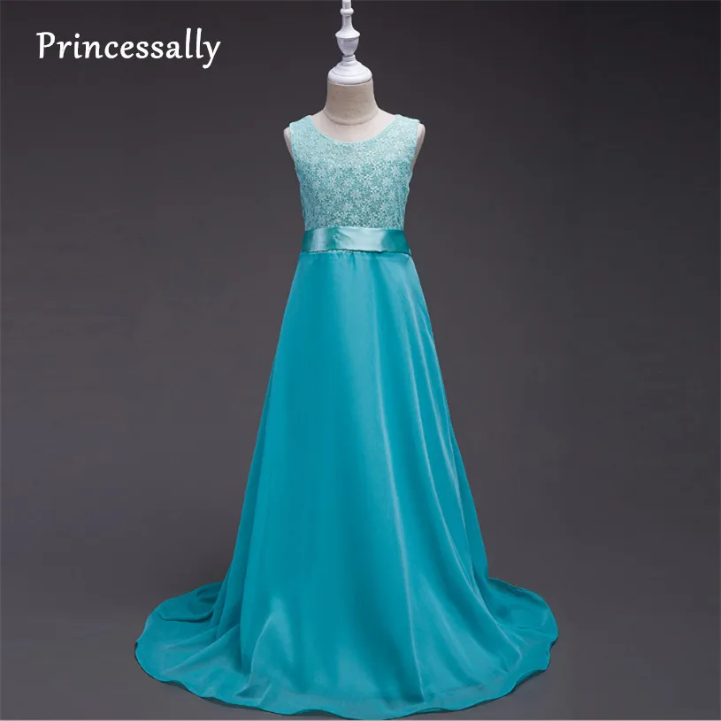 Бирюзовое кружевное шифоновое платье с цветами для девочек длинное без рукавов