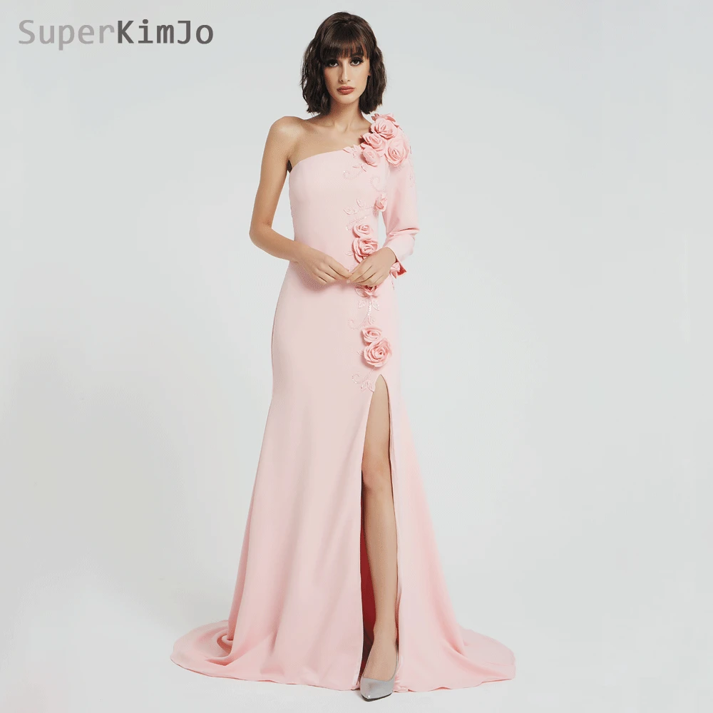 SuperKimJo 2019 Abendkleider розовые вечерние платья на одно плечо Длинные 3D цветы вышитые