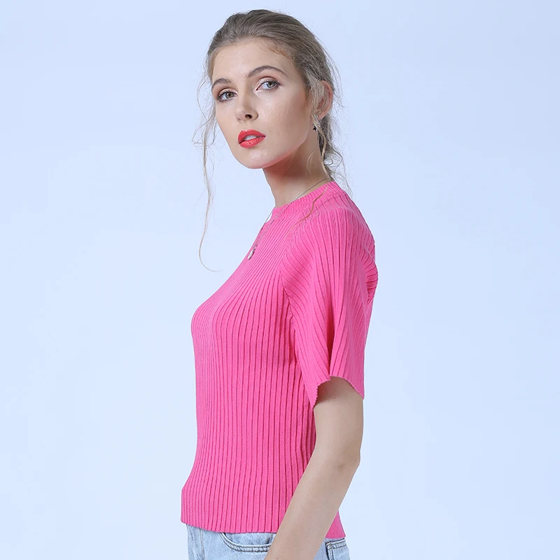 XIKOI Rainbow-colored Vertical Striped Shirt Round Neck Short-sleeved Close-fitting Sweater | Женская одежда