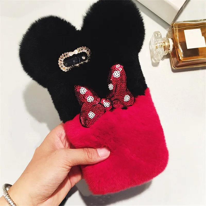 For iPhoneX 7 8PLUS Luxury Top Rabbit Fur Panda Bear Ear Tail Ball Plush Furry Case iphone11 12 Pro XS MAX XR 8 6 plus | Мобильные