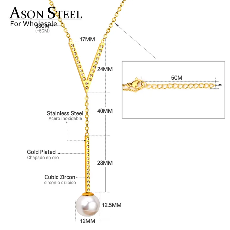 ASONSTEEL длинный 68 см + 5 свитер цепь из нержавеющей стали искусственный жемчуг