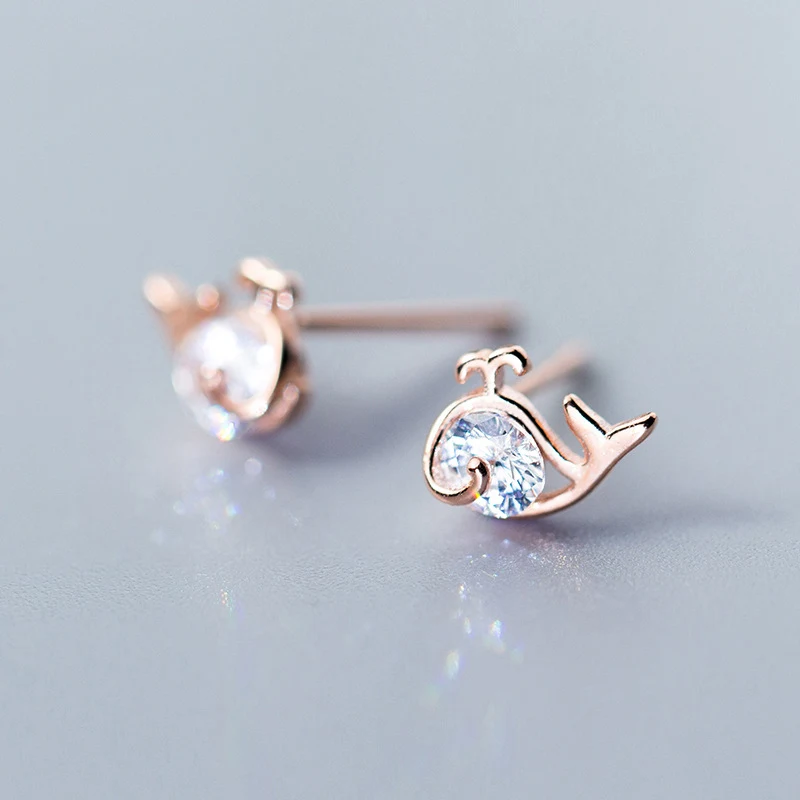 Rose Gold INZATT, настоящее 925 пробы, серебряные, милые, крошечный циркон, Кит, серьги-гвоздики для милых женщин, вечерние, модные ювелирные изделия, розовое золото, цвет, подарок - Окраска металла: Rose Gold