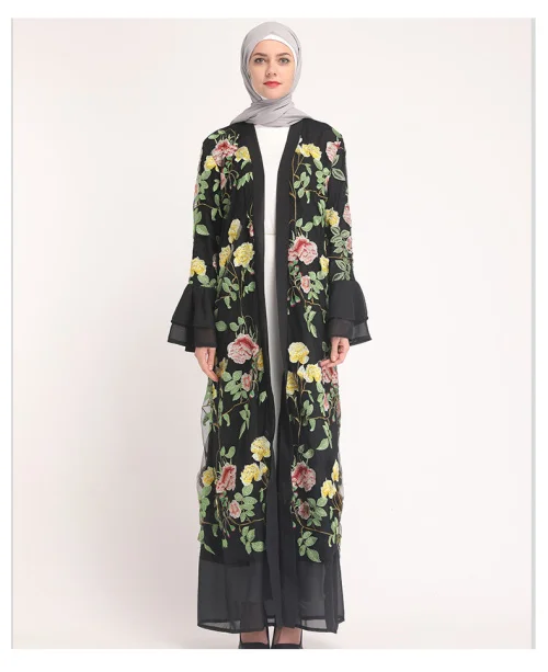yellow abaya Роскошные мусульманские вышитые цветочные абайя длинные платья с расклешенными рукавами кардиган кимоно длинный халат Туника Ближний Восток Рамадан Арабский исламский - Цвет: yellow abaya