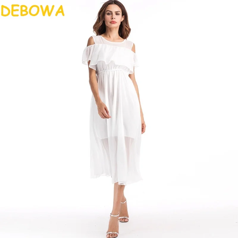 Debowa 2018 Новое модное летнее платье Для женщин оборками Белый пляжное голое плечо