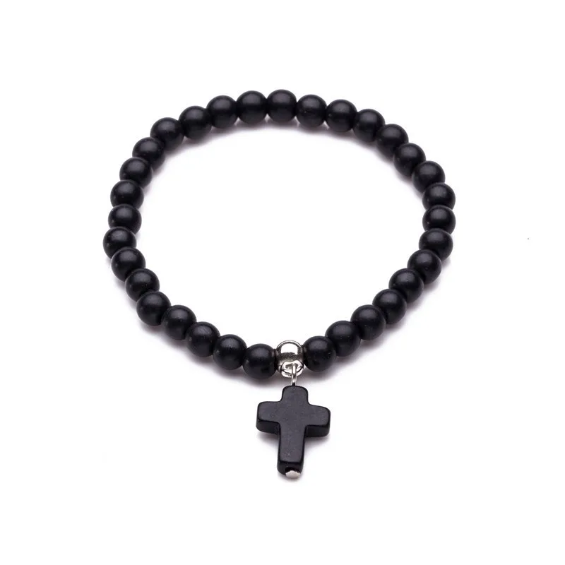 B020027Bblack Модные браслеты из натурального камня с бисером для женщин, Деревянные Подвески с крестом Иисуса, украшения, подарки, аксессуары - Окраска металла: B020027Bblack