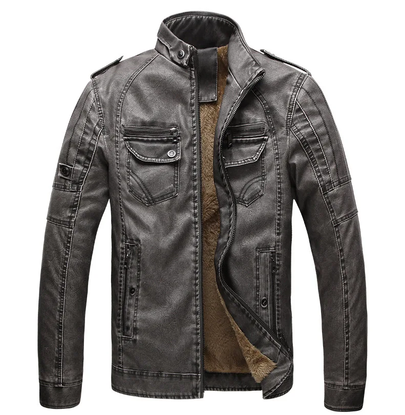 Серый Мужская кожаная куртка Jaqueta Masculinas Inverno Couro, мужская куртка Jaquetas De Couro, Мужская зимняя верхняя одежда, пальто размера плюс XXXL - Цвет: Серый