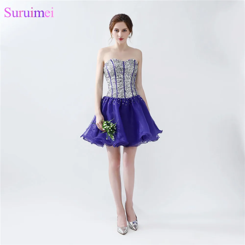 

Purple Prom Gown Short Mini Tulle Beaded Sweetheart Bodice Corset Lace Up Back Girls Graduation Homecoming Dresses