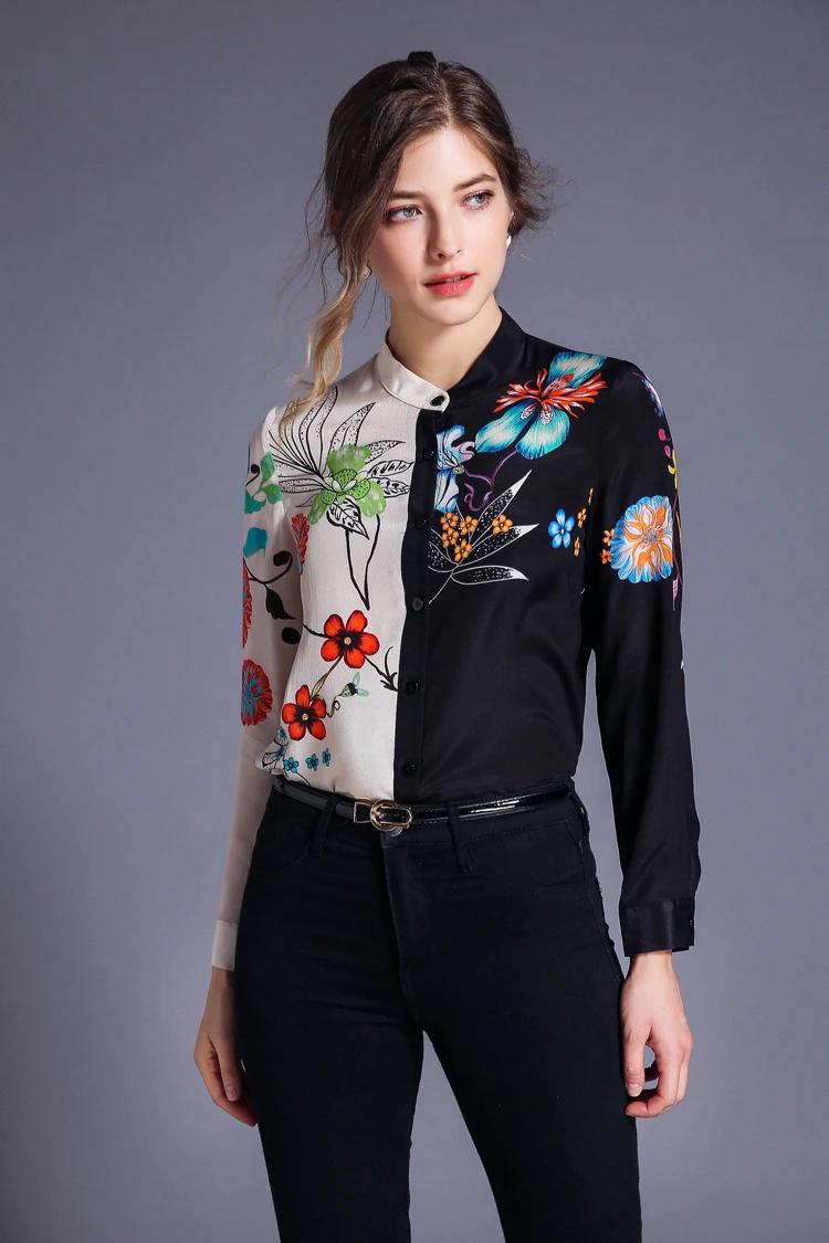 H Han Queen Patchwork Printed Contrast Color Shirts Women Summer Full Sleeve Blouses Vintage Stand Collar Work Wear Vestido