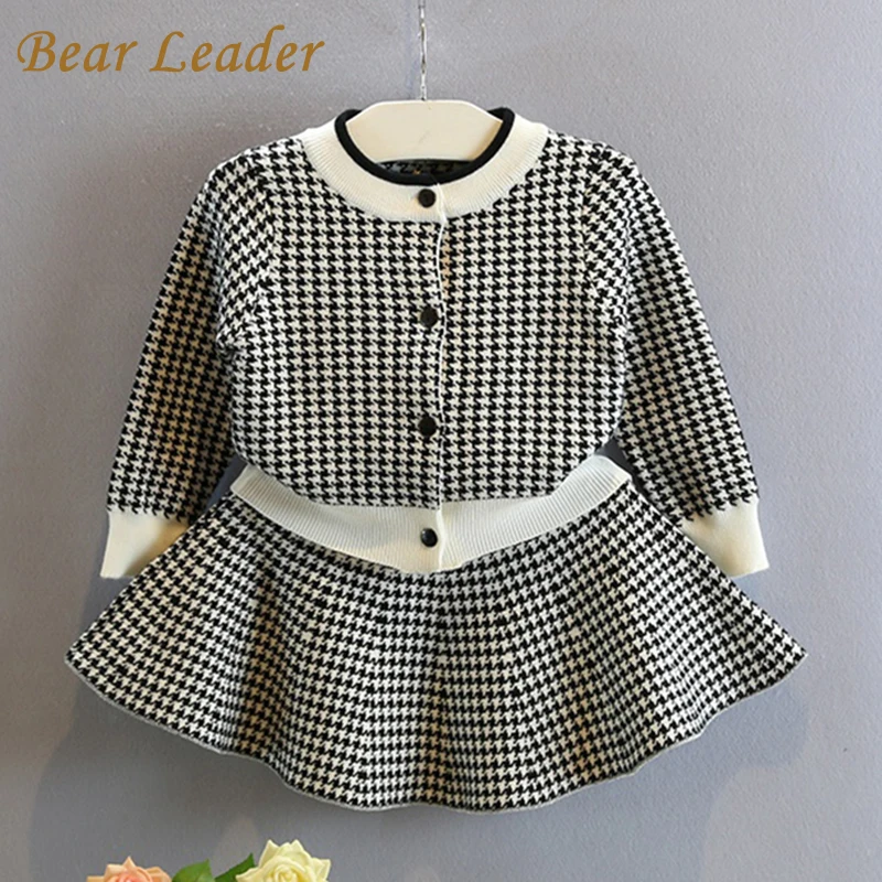 Bear Leader/комплекты для девочек г. Новые Осенние вязаные костюмы розового цвета с узором «гусиные лапки» свитер в клетку с длинными рукавами+ юбка, детские костюмы из 2 предметов для От 3 до 7 лет