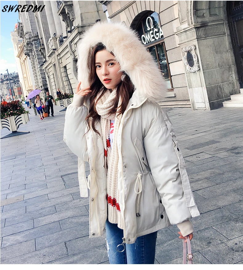 SWREDMI Women Winter Short Jacket Female Hooded Parkas Loose Cotton Padded Coat Mujer Thick Warm Slim Jacket Fur Collar