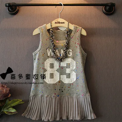 number 83 print girls dress summer new clothes chiffio patchwork kids for party sleeveless gray Graffiti jacket girl | Детская одежда и