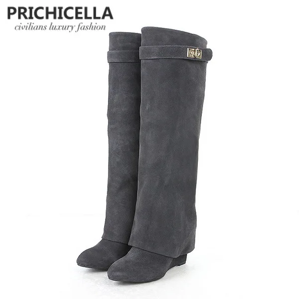 Серый PRICHICELLA/высокие сапоги-гладиаторы до колена из натуральной кожи с острым носком и пряжкой на ремешке; size34-42 - Цвет: Серый