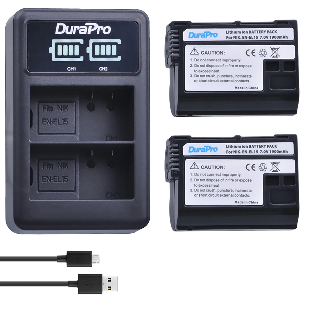 2 x батарея для камеры DuraPro EN EL15 + двойное зарядное устройство с ЖК дисплеем и USB Nikon