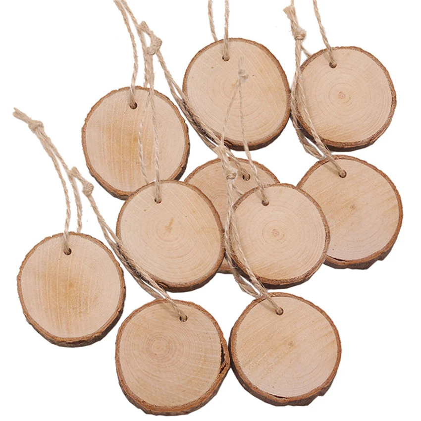

30pcs/lot New Unfinished Predrilled Wood Slices Round Log Discs With Hemp Rope DIY Craft Wooden Pieces