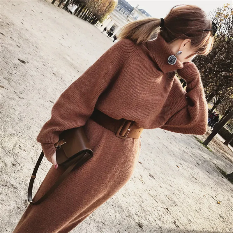 voceelinda 2019 Winter Women Warm Long Sleeve Knitted Sweater Dress Pullover Turtleneck Casual with Belt | Женская одежда