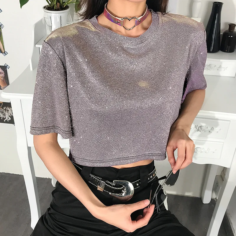 Harajuku панк Bling люрекс футболка женская летняя с коротким рукавом О образным