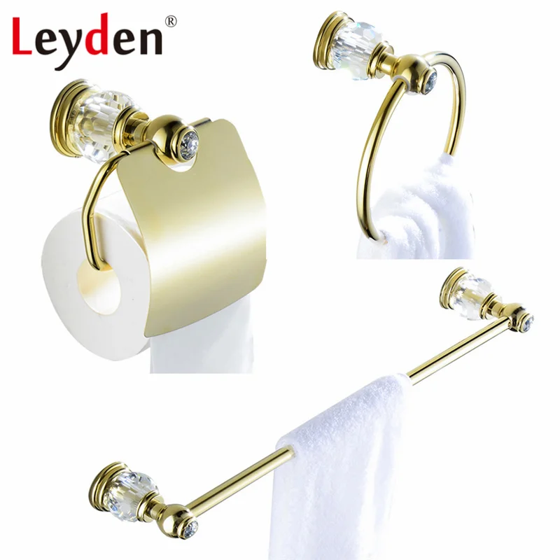 

Leyden Luxury Brass Bathroom Accessories Towel Bar Towel Ring Toilet Paper Holder Wall Mounted Crystal Bathroom Accessories Gold