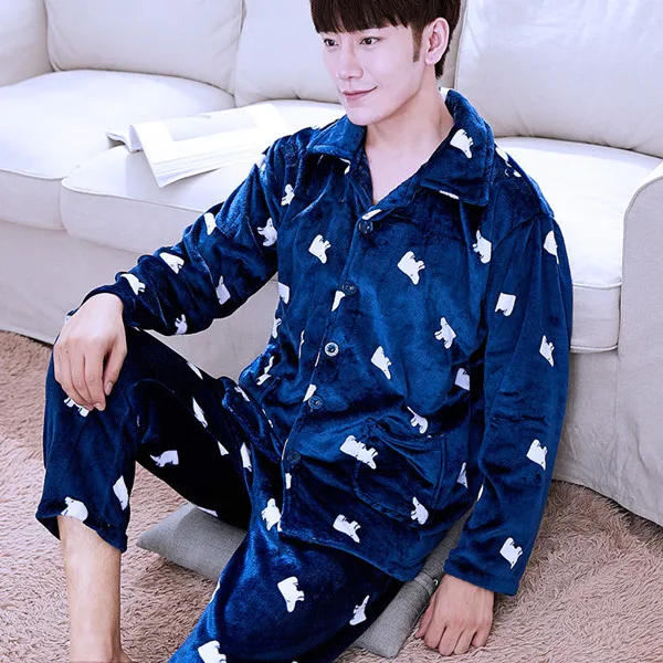 Style 4 Пижамный комплект, Мужская зимняя теплая полосатая Пижама, плотная Фланелевая пижама с принтом, длинные рукава, штаны, рубашка с v-образным вырезом, мужская домашняя пижама - Цвет: Style 4