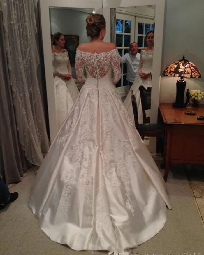High Quality Satin Wedding Dress with Lace Appliques Sequins Off Shoulder Long Sleeves Zipper Back Top Vestidos de Novia | Свадьбы и