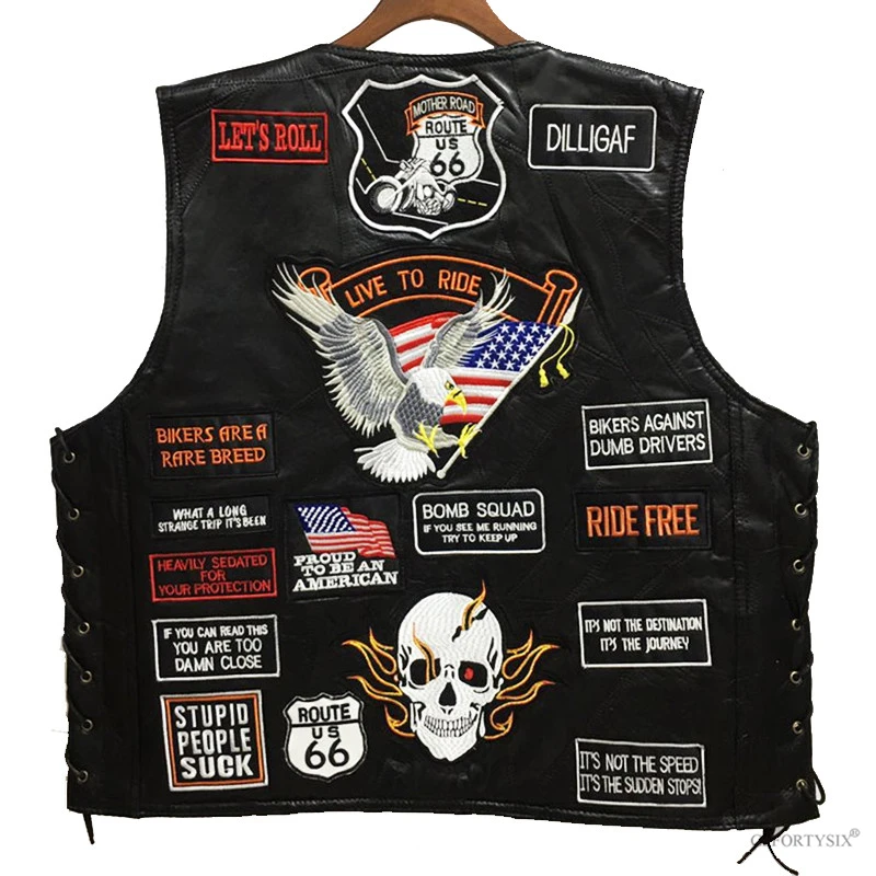 

Motorcycle Vest Men Embroidered Waistcoat With 23 Patches US Flag Eagle Biker Vests High Quality Sheepskin