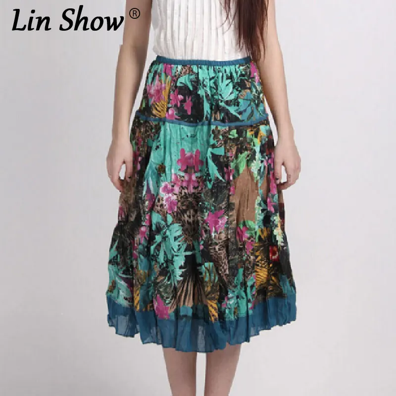 Linshow Лен с цветочным принтом Юбка Femme Vitange Элегантные до середины икры Женская