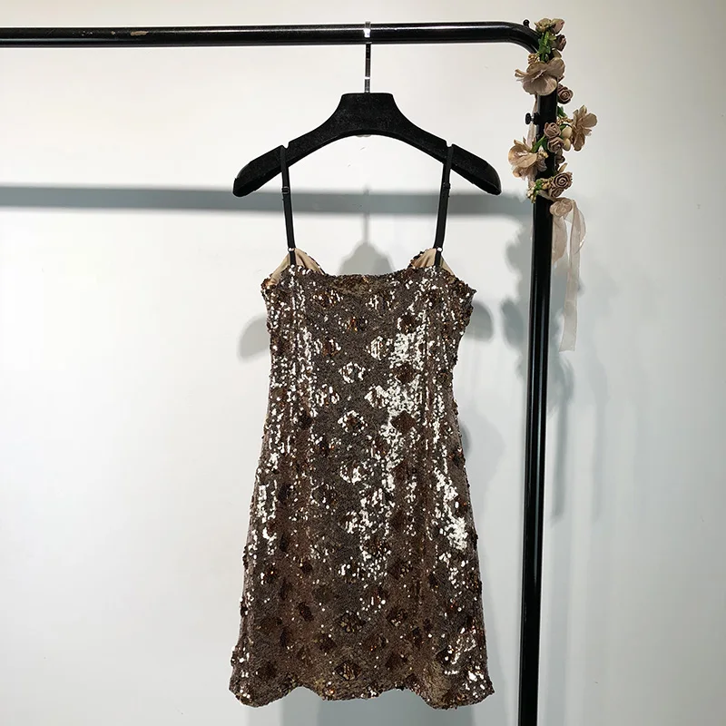 2019 Летняя мода Уличная Сексуальная Спагетти ремень Блестки Мини платье женщины