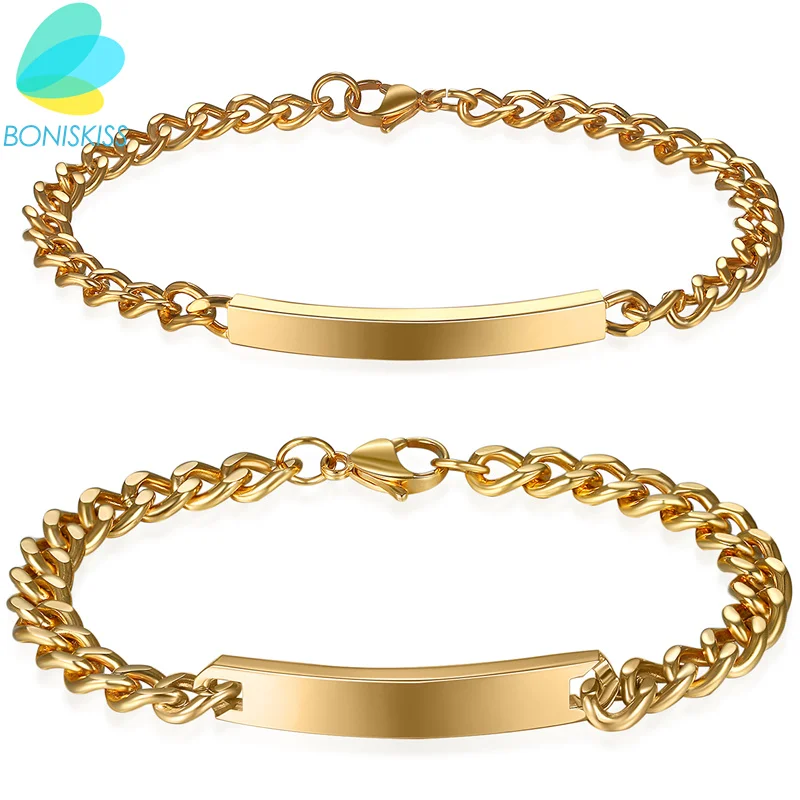 Boniskiss Stainless Steel Bracelets Gold Jewelry Charms Lovers Gift Bracelet Wedding Jewellery For Men Women(Accept Engrave)